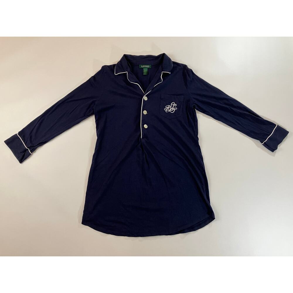 Lauren Ralph Lauren Women's M Navy Sleep Shirt Monogram Pajama Top Long Sleeve